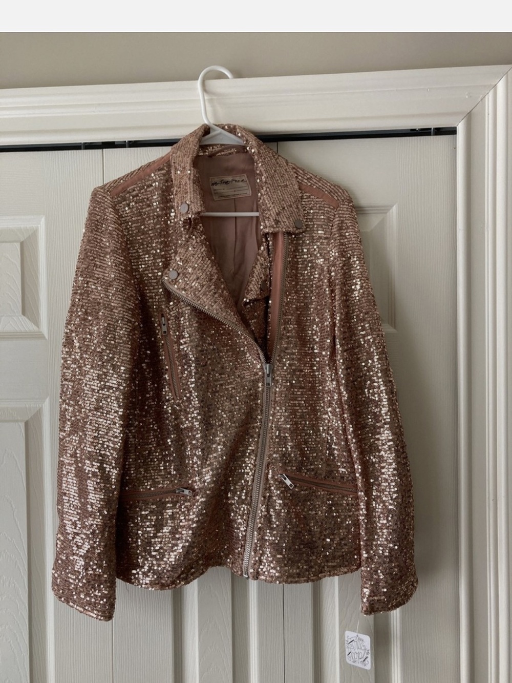 Free People Rose Gold Sequin Moto Jacket